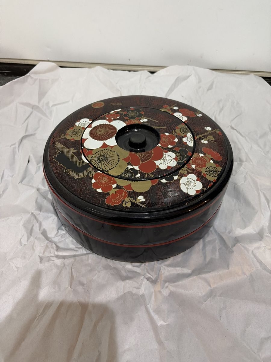 Vintage Japanese Lacquerware Bento Box/Candy Dish - Floral Design, Tiered, Black/Red/Gold- The whole package!!!