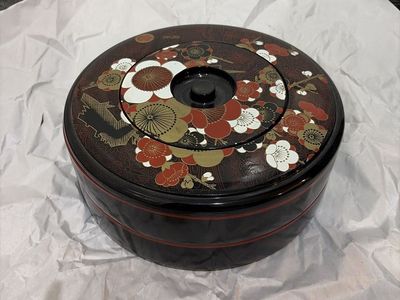 Vintage Japanese Lacquerware Bento Box/Candy Dish - Floral Design, Tiered, Black/Red/Gold- The whole package!!!