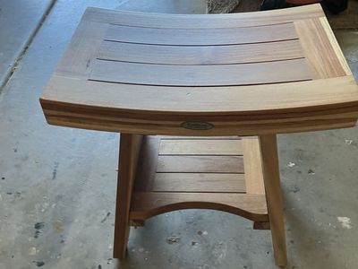 Hard wood stool 18 inches high 18 inches wide and 12 across the bench