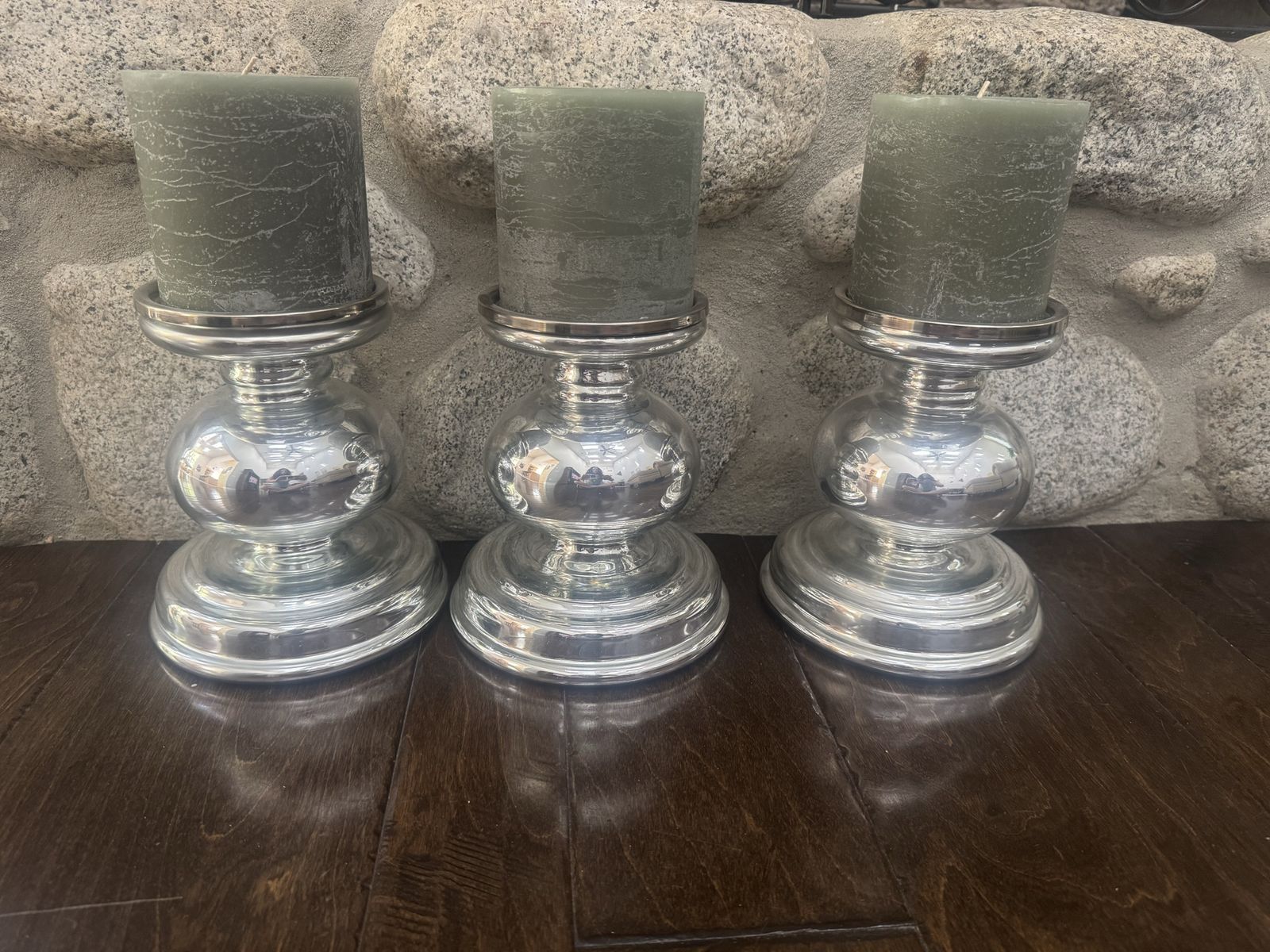 Set of 3 Silver Metal Candle Holders with Green Candles - Home Decor