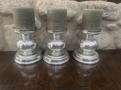 Set of 3 Silver Metal Candle Holders with Green Candles - Home Decor