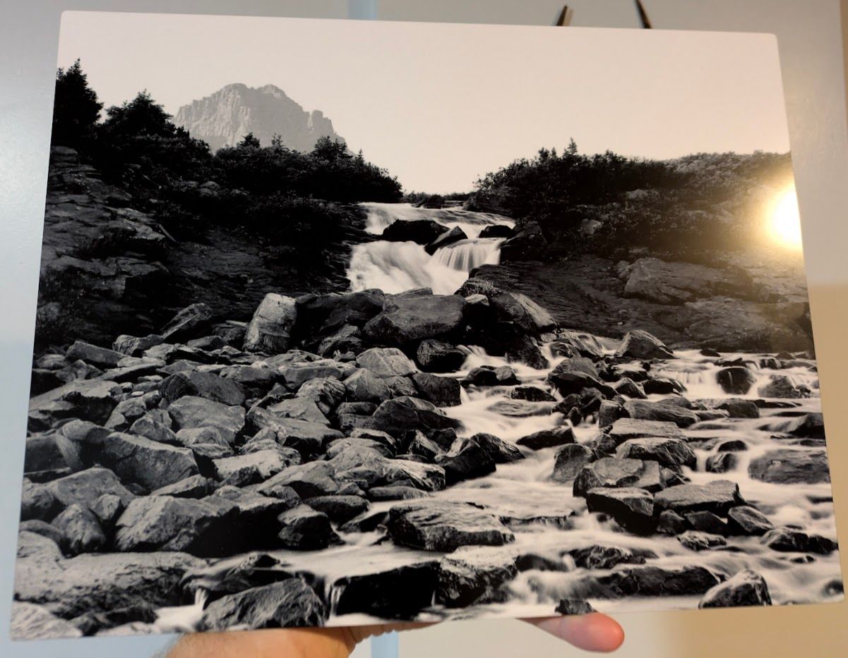 11x14" B&W semi-gloss metallic print of lower Red Castle Falls w/ redcastle in background