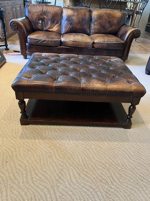Vintage Style Brown Leather Tufted Storage Ottoman Coffee Table with Nailhead Trim