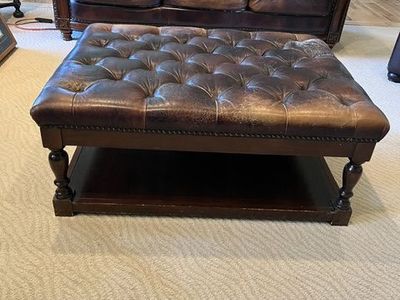 Vintage Style Brown Leather Tufted Storage Ottoman Coffee Table with Nailhead Trim