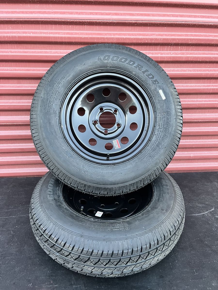 New Set of 2 Good Ride ST 205/75 D 15 Trailer Tires Mounted on New Black Mod Wheels 5 on 4.5 Lug Pattern