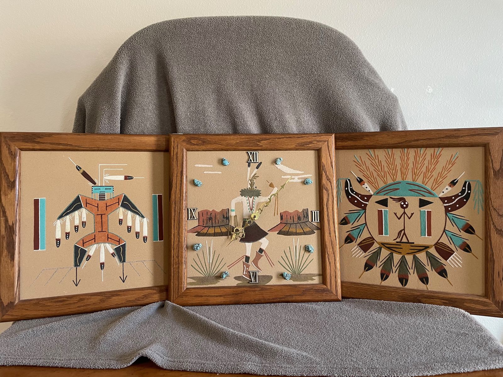 Vintage 3-Piece Navajo Sand Painting Set - Includes Working Clock