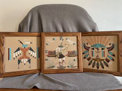 Vintage 3-Piece Navajo Sand Painting Set - Includes Working Clock