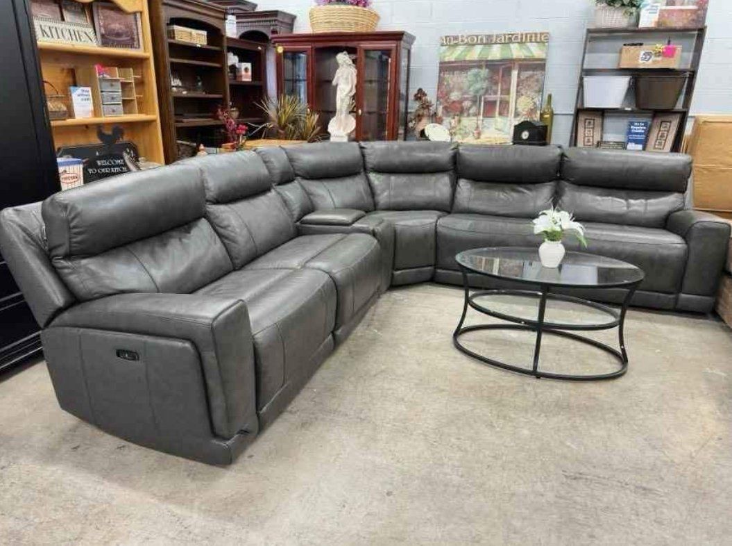 🧡🩶 6-Piece Gray Leather Power Recliner Sectional