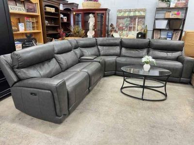 🧡🩶 6-Piece Gray Leather Power Recliner Sectional