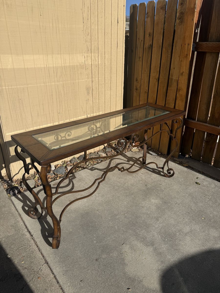 Thomasville leather + iron console sofa table