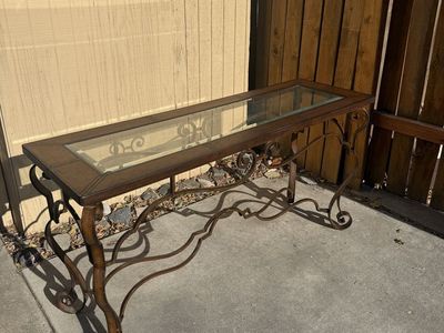 Thomasville leather + iron console sofa table