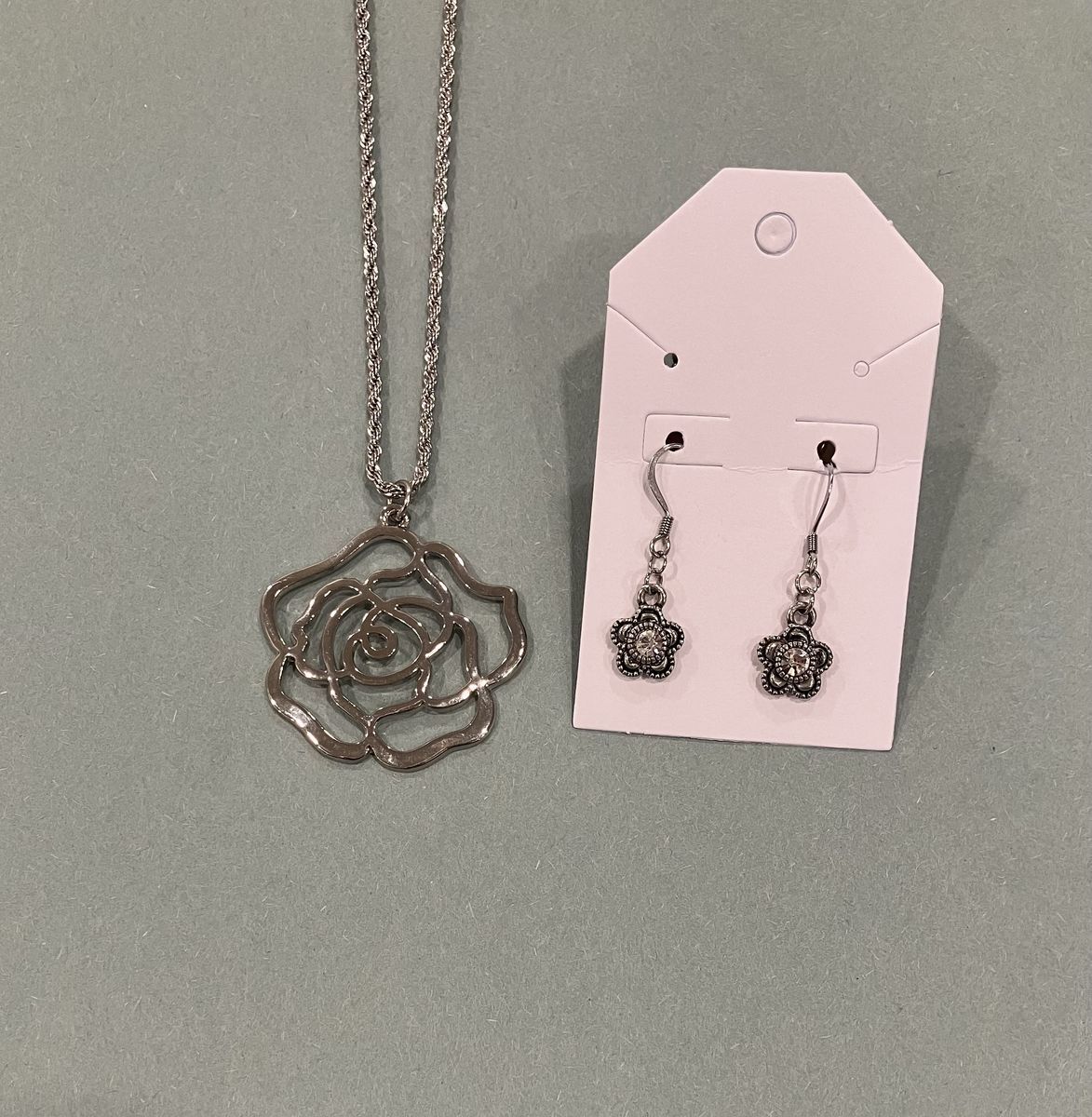 Silver Necklace With Silver Rose Pendant & Earrings