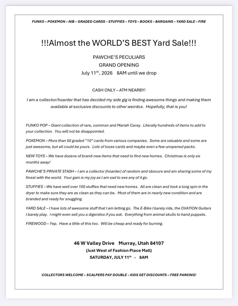 Pawche's Peculiars Grand Opening Yard Sale: Funko, Pokémon, Toys, Books, Guitars, & More!