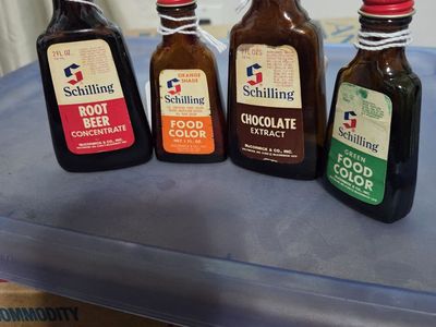Vintage 1970s Schilling Food Color and Extract Bottles Set
