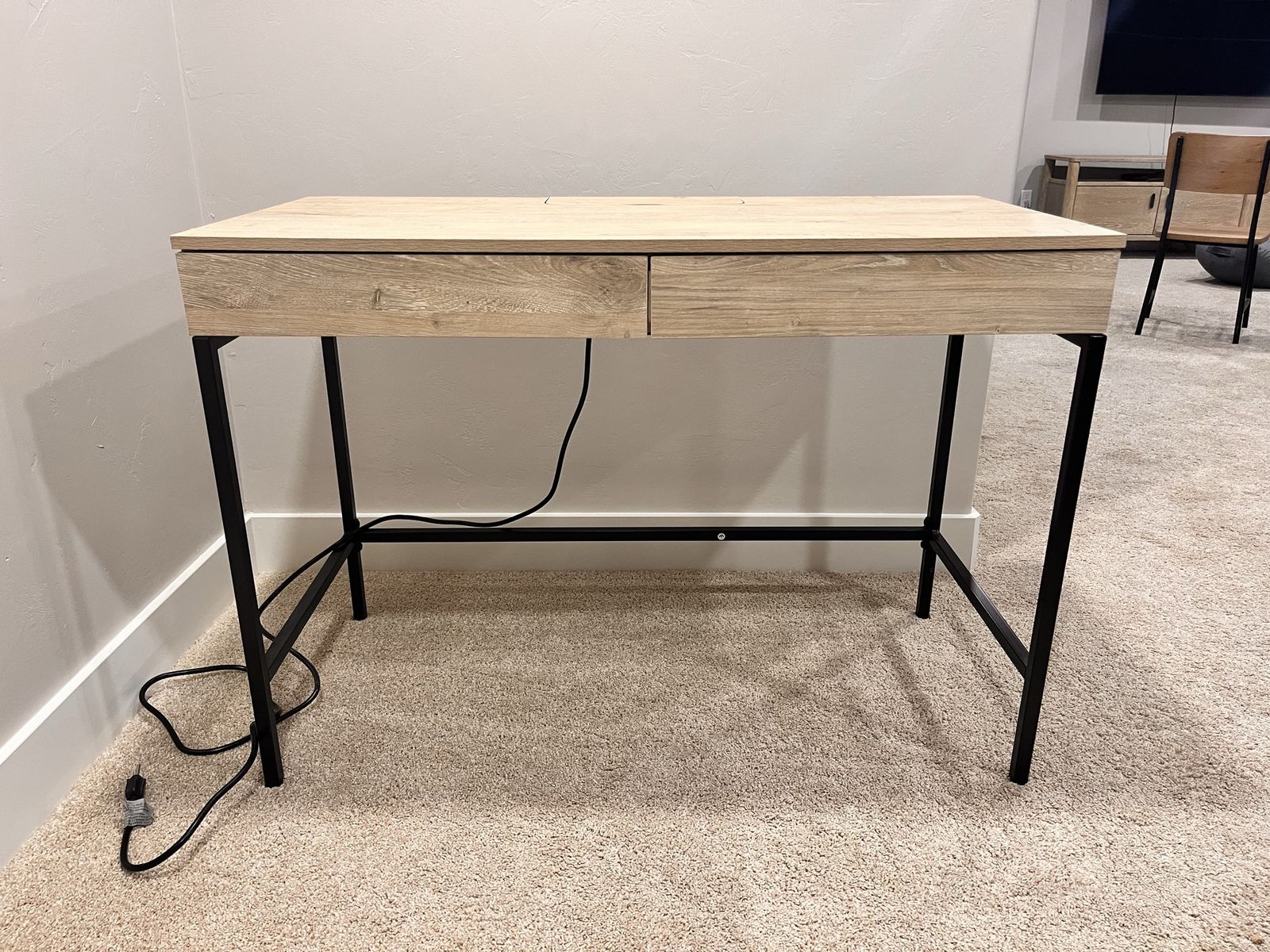 Tan brushed wood and black iron table or desk