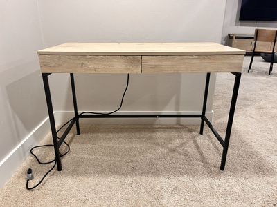 Tan brushed wood and black iron table or desk