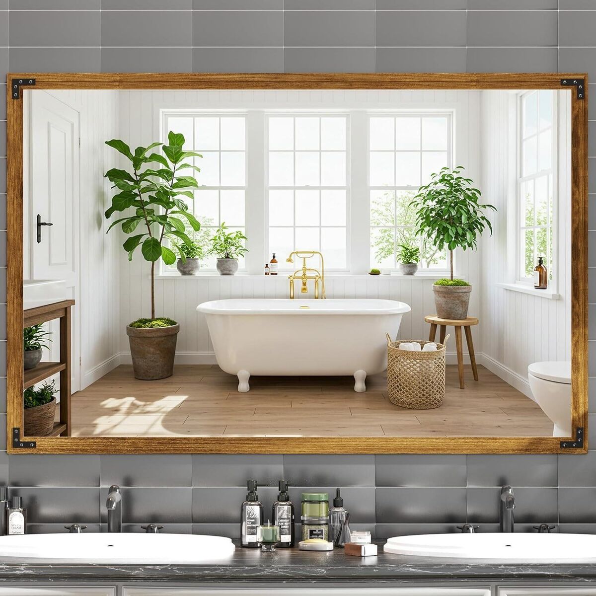 Brand New - 55"x36" Farmhouse Walnut Wood Mirror