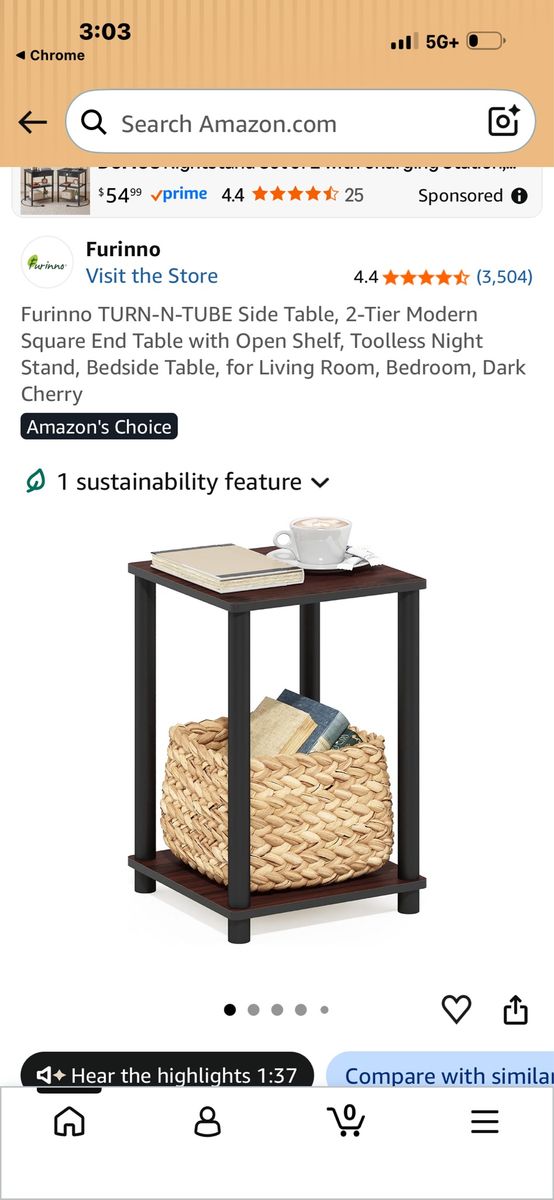 Furinno Turn-N-Tube Side Table 2-Tier Modern Square End Table Dark Cherry