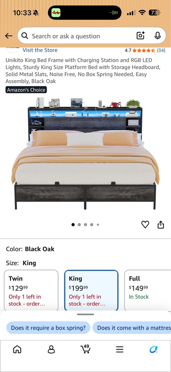 Unikito King Size Platform Bed Frame with Storage Headboard, LED Lights & Charging Station - white