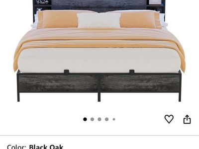 Unikito King Size Platform Bed Frame with Storage Headboard, LED Lights & Charging Station - white