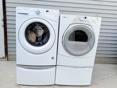 Whirlpool Front Load Washer and Dryer Set with Pedestals - White