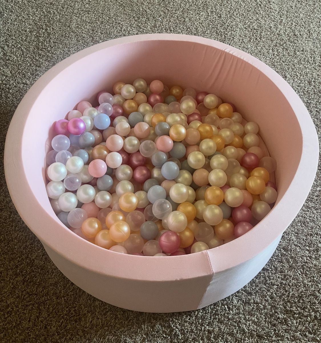 Pink Ball Pit with Pastel Balls & White Unicorn Rocking Horse