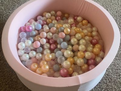 Pink Ball Pit with Pastel Balls & White Unicorn Rocking Horse