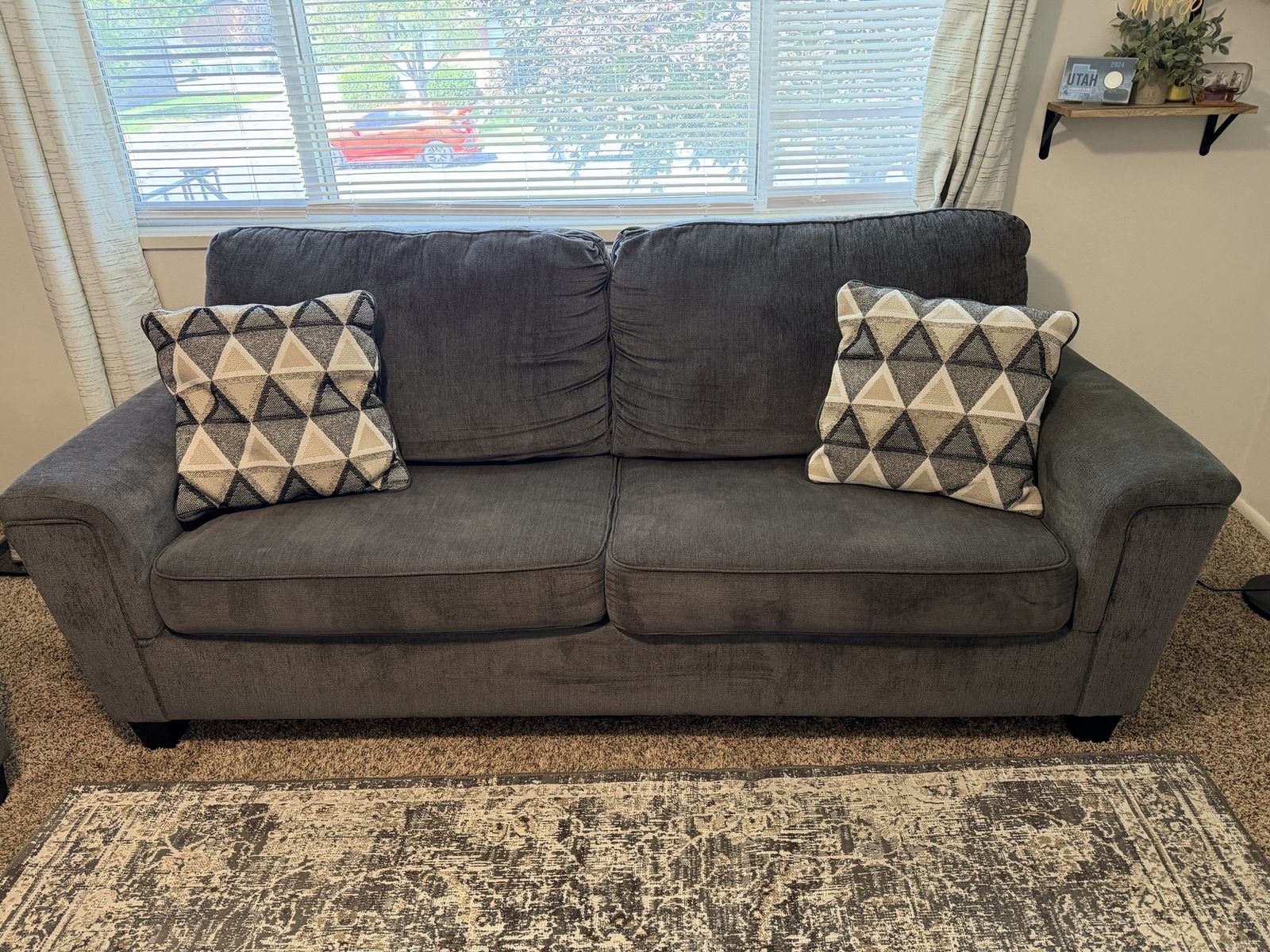 Charcoal Grey Fabric Couch/Loveseat with Two Throw Pillows