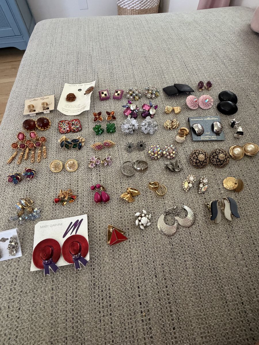 Huge Vintage Earrings Rhinestone Statement Colorful Some Signed Lot 46 Pairs