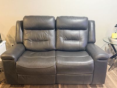 Two Modern Dark Gray Faux Leather Power Reclining Loveseats