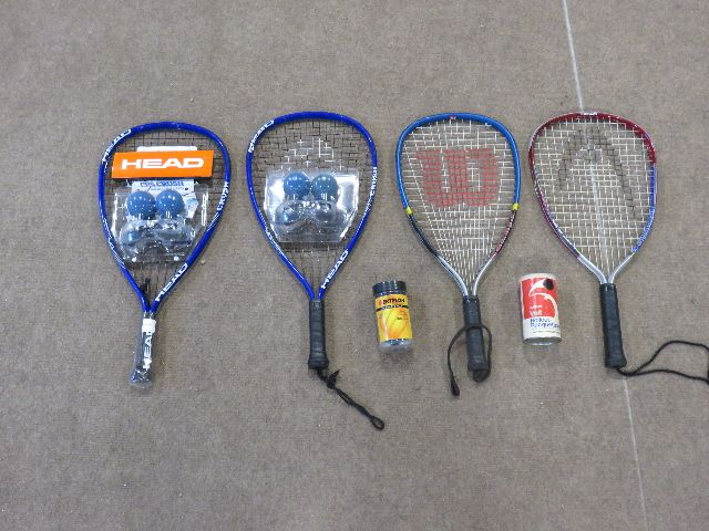 SET OF 4 RACQUETBALL RACQUETS AND BALLS - 2 ARE BRAND NEW