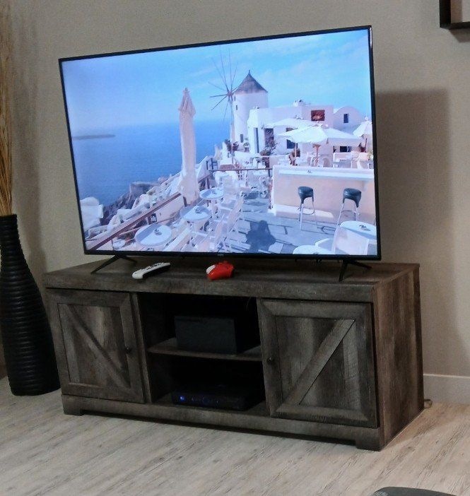 ASHLEY Wooden TV Stand with Barn Door Cabinets and Open Center Shelving