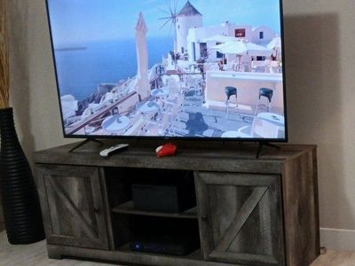 ASHLEY Wooden TV Stand with Barn Door Cabinets and Open Center Shelving