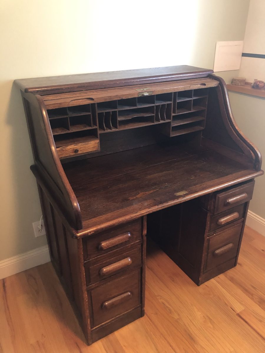 Vintage Oak Roll Top Desk - Classic Wooden Office Furniture with Multiple Drawers. Includes pictured chair.