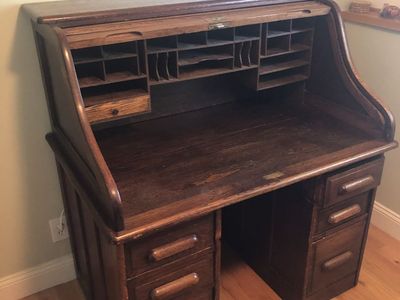 Vintage Oak Roll Top Desk - Classic Wooden Office Furniture with Multiple Drawers. Includes pictured chair.