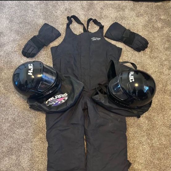 Vintage Polaris snowmobile helmet, snow overalls, gloves. Matching set.