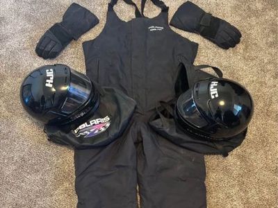 Vintage Polaris snowmobile helmet, snow overalls, gloves. Matching set.
