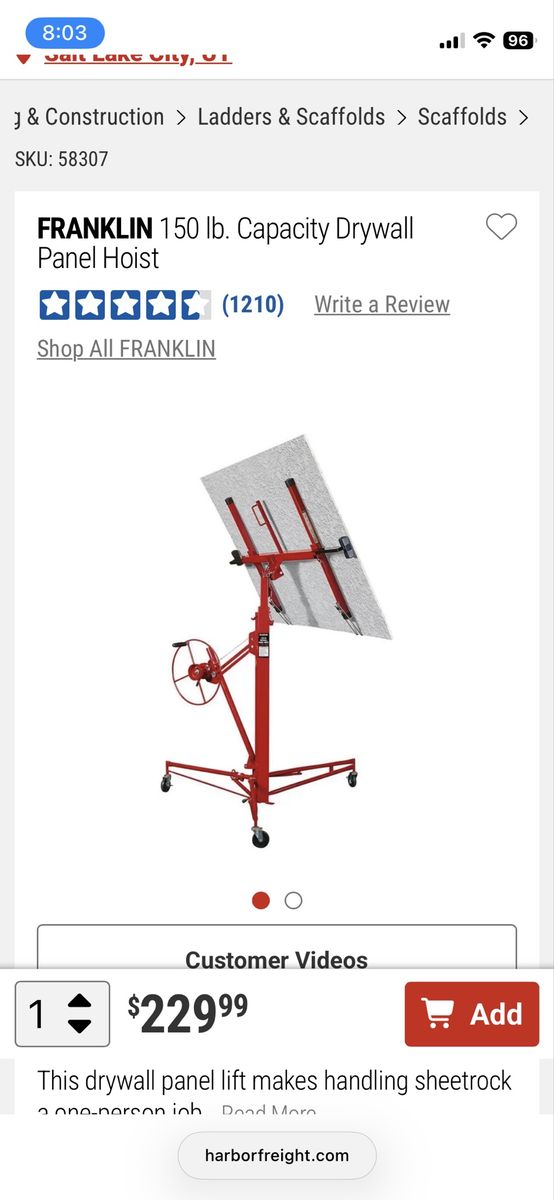 Drywall Pannel Lift 150 lbs Max Lift