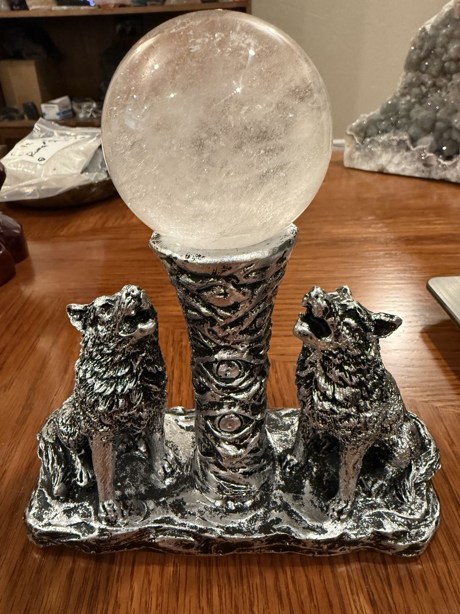 Crystal Quartz Sphere with Silver Wolf Holder - Howl at the Moon
