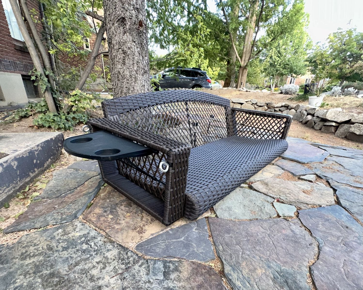BRAND NEW All-Weather Brown Wicker Porch Swing Bench w/ Fold-Out Cup Holders
