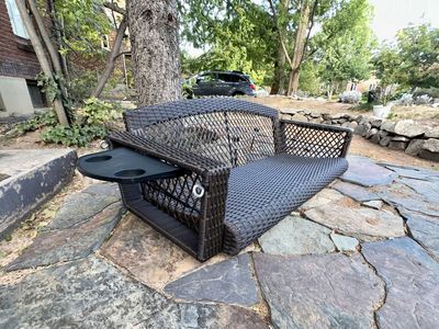 BRAND NEW All-Weather Brown Wicker Porch Swing Bench w/ Fold-Out Cup Holders