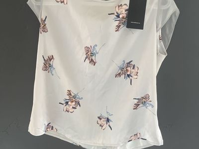 Light Gray Floral Print Short Sleeve Blouse with Neck Tie - New with Tags