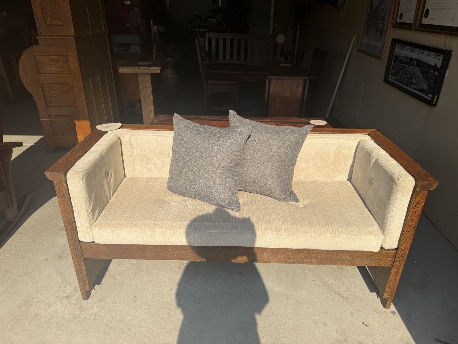 Vintage Craftsman Style Wooden Settee/Small Sofa with Upholstered Cushions and Throw Pillows