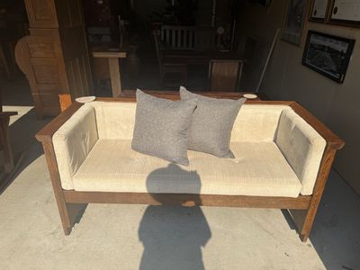 Vintage Craftsman Style Wooden Settee/Small Sofa with Upholstered Cushions and Throw Pillows