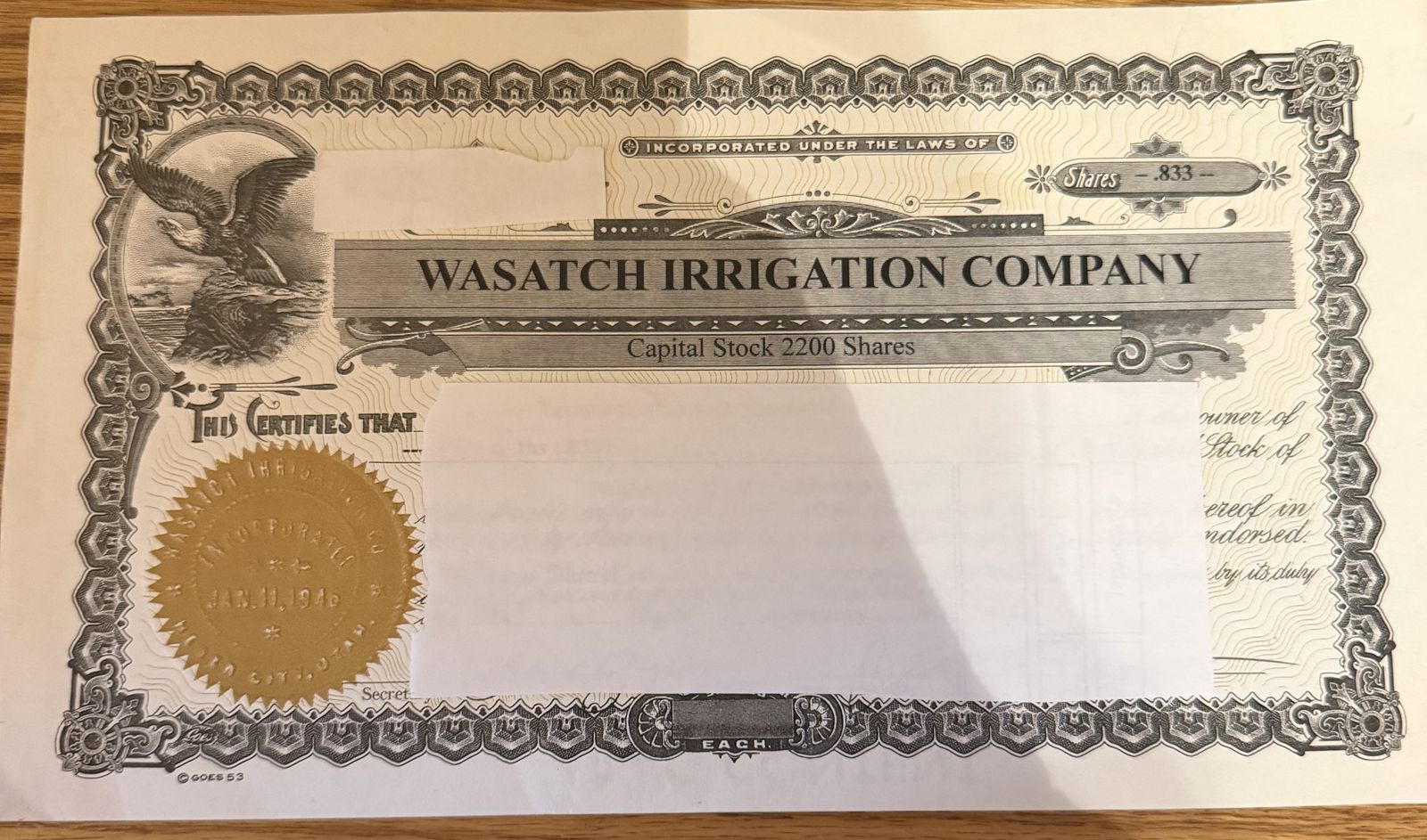Wasatch Irrigation Company .833 shares