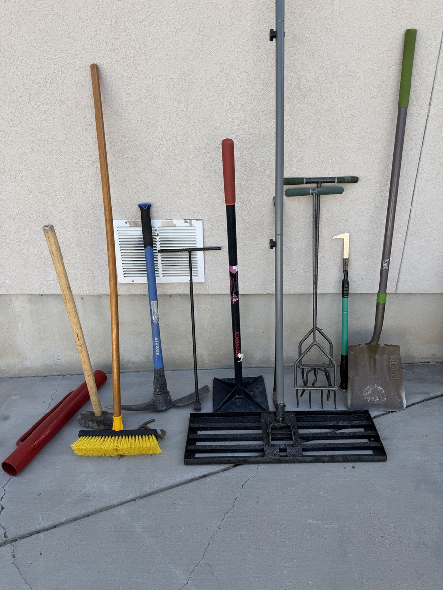 Assorted Used Garden & Yard Tools - Shovel, Rake, Pickaxe, Tamper, Broom, Leveler & More