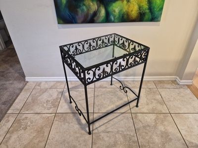 Vintage Black Wrought Iron Fleur de Lys Side Table with Glass Top