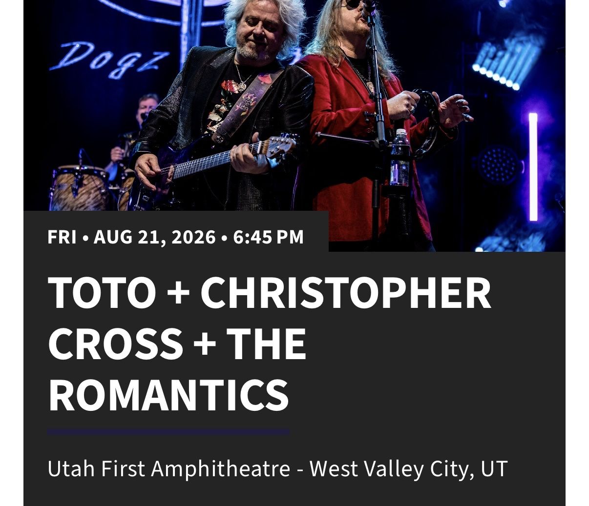 TOTO + Christopher Cross + The Romantics Concert Tickets - Utah First Amphitheatre (Aug 21, 2026)