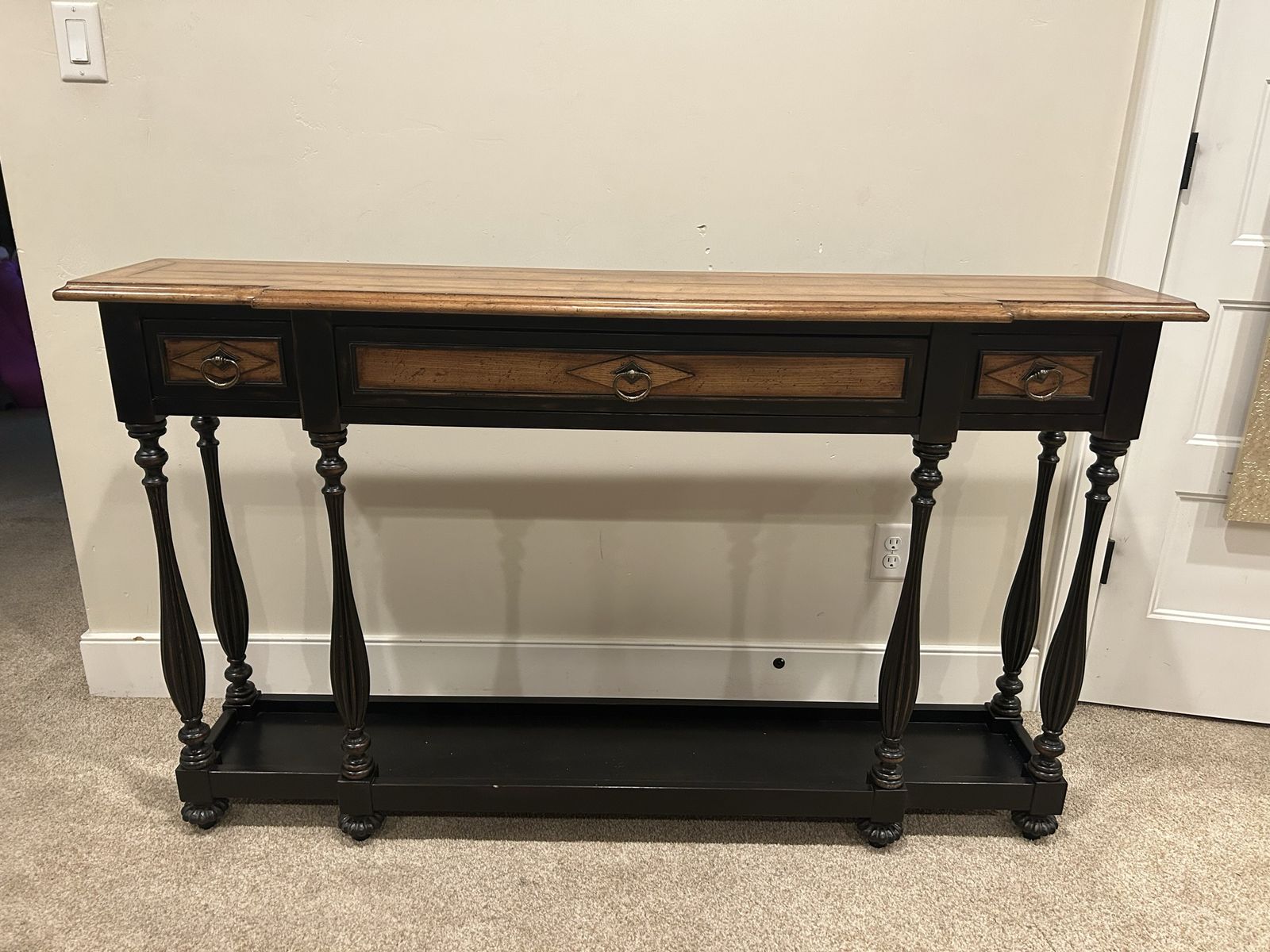 Two-Tone Wood Console Table with Three Drawers and Lower Shelf