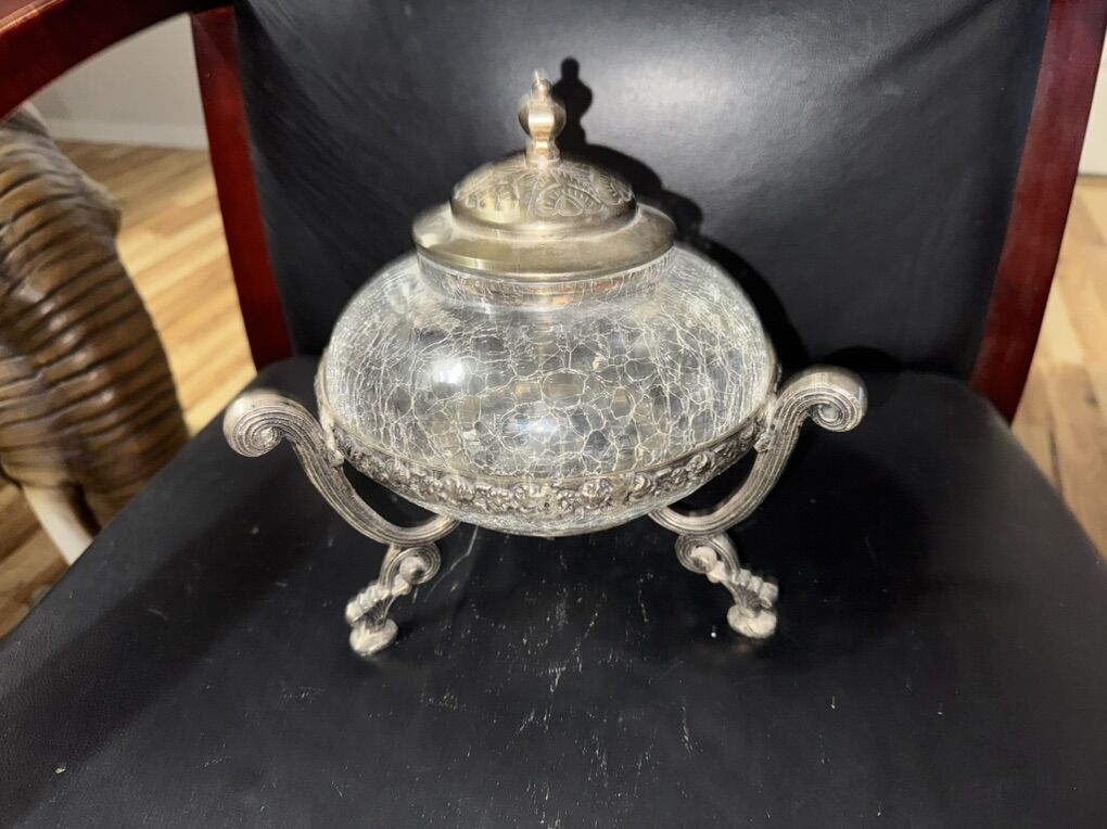Vintage Metal Sugar Bowl crackled Glass